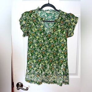 Solitaire Green and Yellow Floral Short Sleeve Blouse Medium
